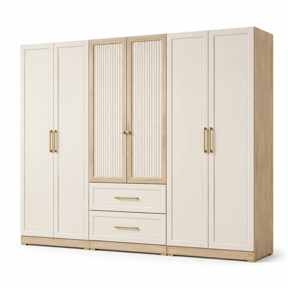 Armadio guardaroba a 6 ante e 2 cassetti, 270 × 60 × 220 cm, avorio e rovere chiaro