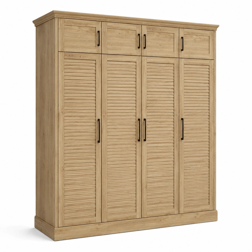 Armadio guardaroba a 8 ante, finitura rovere naturale e maniglie nere, 180 × 55 × 220 cm