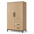 Armadio moderno a 2 ante e 2 cassetti, 100 × 50 × 180 cm, rovere naturale e nero