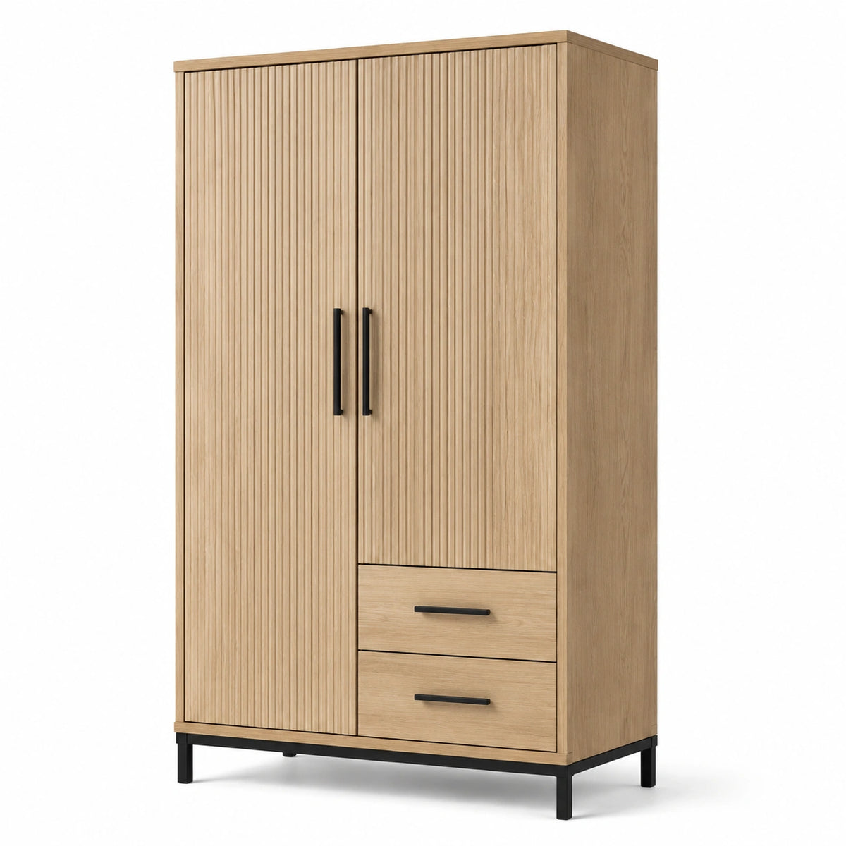 Armadio moderno a 2 ante e 2 cassetti, 100 × 50 × 180 cm, rovere naturale e nero