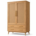 Armadio in legno marrone naturale e rattan beige con 2 ante e 2 cassetti, dettagli dorati, 120 × 55 × 180 cm