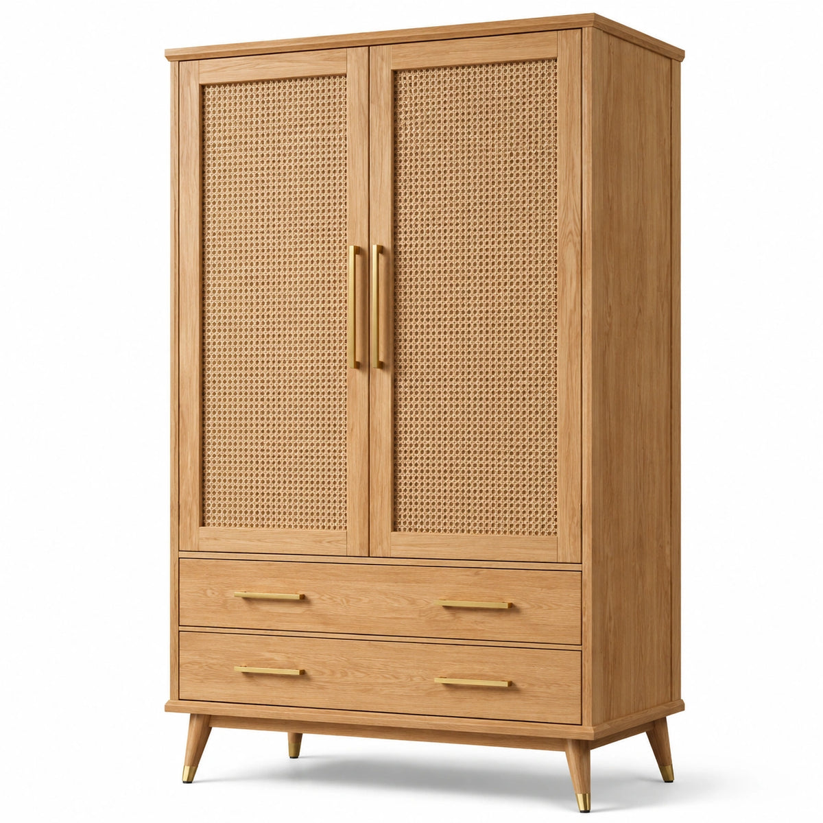 Armadio in legno marrone naturale e rattan beige con 2 ante e 2 cassetti, dettagli dorati, 120 × 55 × 180 cm