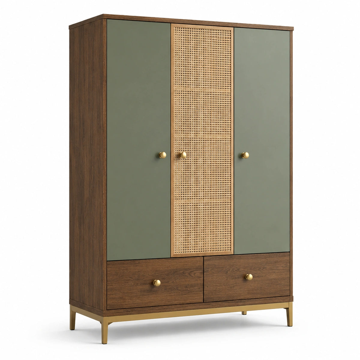 Armadio a 3 ante e 2 cassetti, 120 × 50 × 180 cm, effetto noce e verde oliva con inserto intrecciato naturale