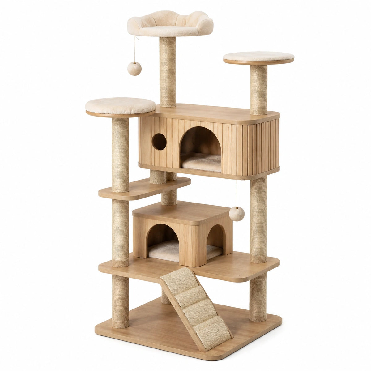 Albero tiragraffi multilivello 90 × 60 × 160 cm in legno naturale e sisal beige con due cucce