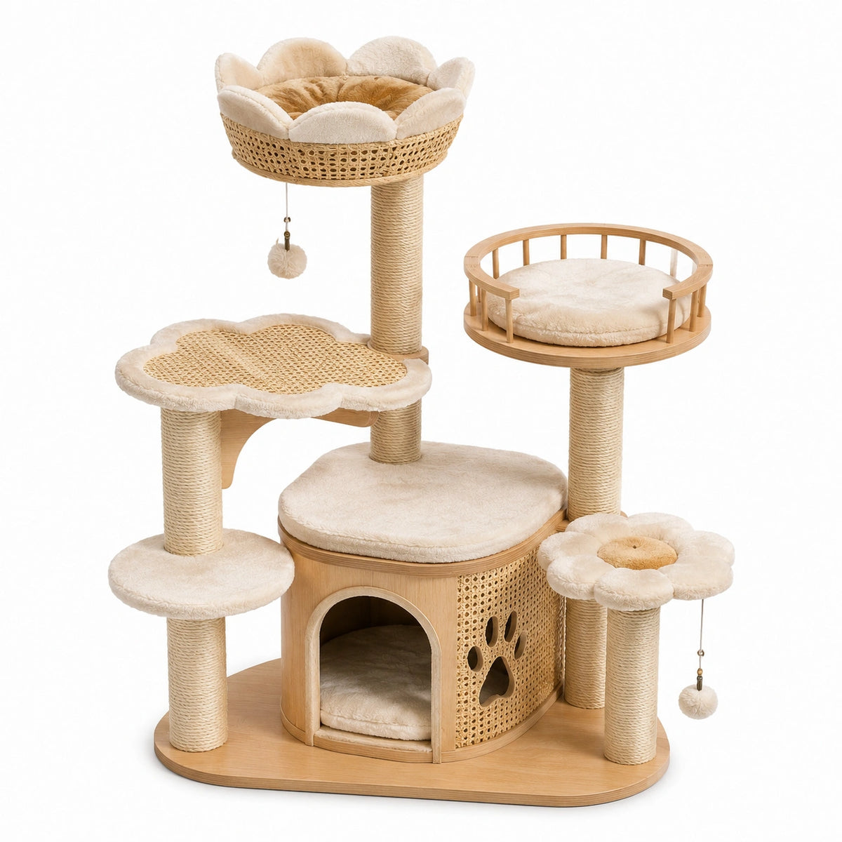 Tiragraffi per gatti multilivello beige e naturale 115 × 55 × 150 cm con cuccia, piattaforme e pali in sisal