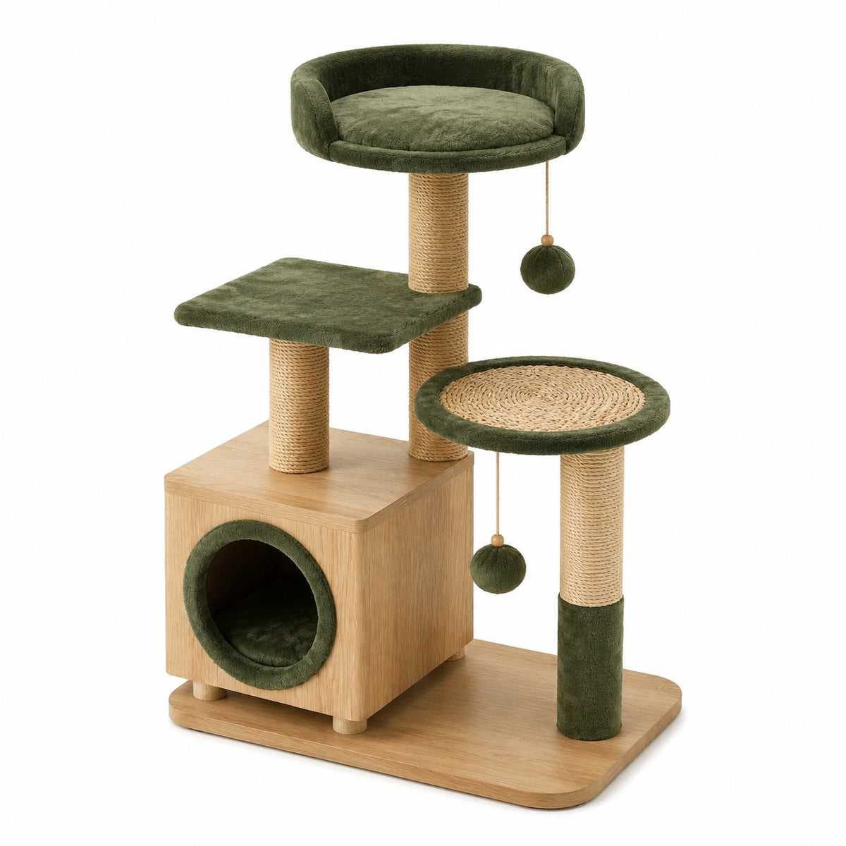 Tiragraffi multilivello 80 × 45 × 120 cm in legno, sisal e tessuto verde oliva con cuccia