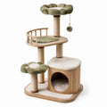 Tiragraffi multilivello in legno, sisal e peluche verde oliva, beige e marrone naturale, 85 × 60 × 150 cm, con cuccia