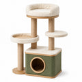 Tiragraffi multilivello 90 × 60 × 135 cm con cuccia, piattaforme e colonne in sisal, beige, verde e marrone chiaro