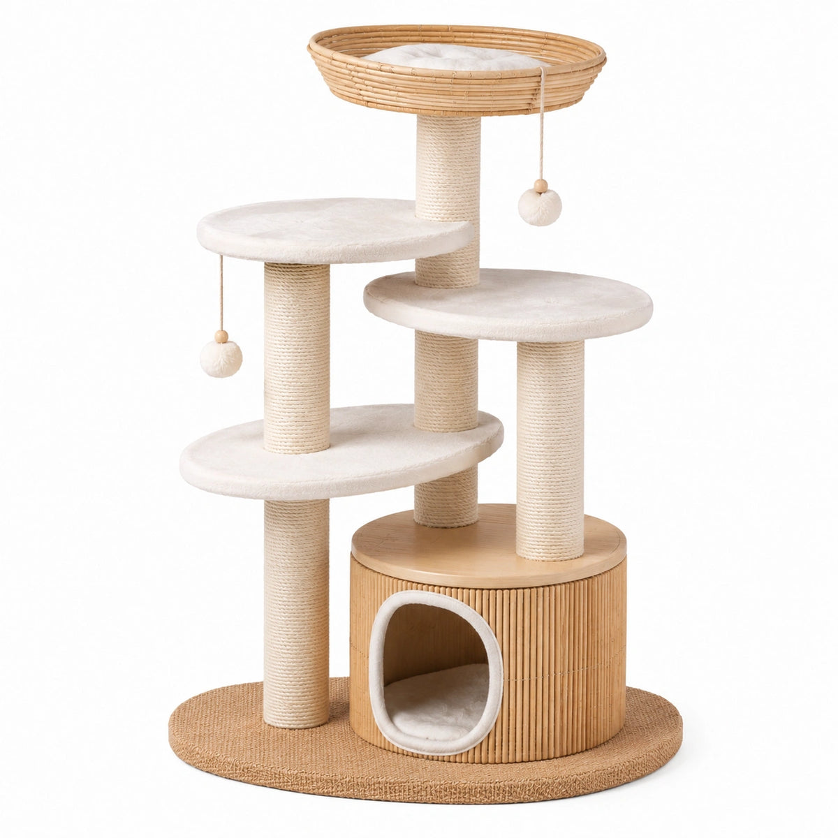 Tiragraffi per gatti multilivello 100 × 60 × 150 cm in legno composito e sisal, beige e marrone naturale, con cuccia