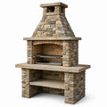 Barbecue da giardino in pietra ricostruita beige, grigia e marrone, 160 × 70 × 230 cm, con camino e griglia regolabile