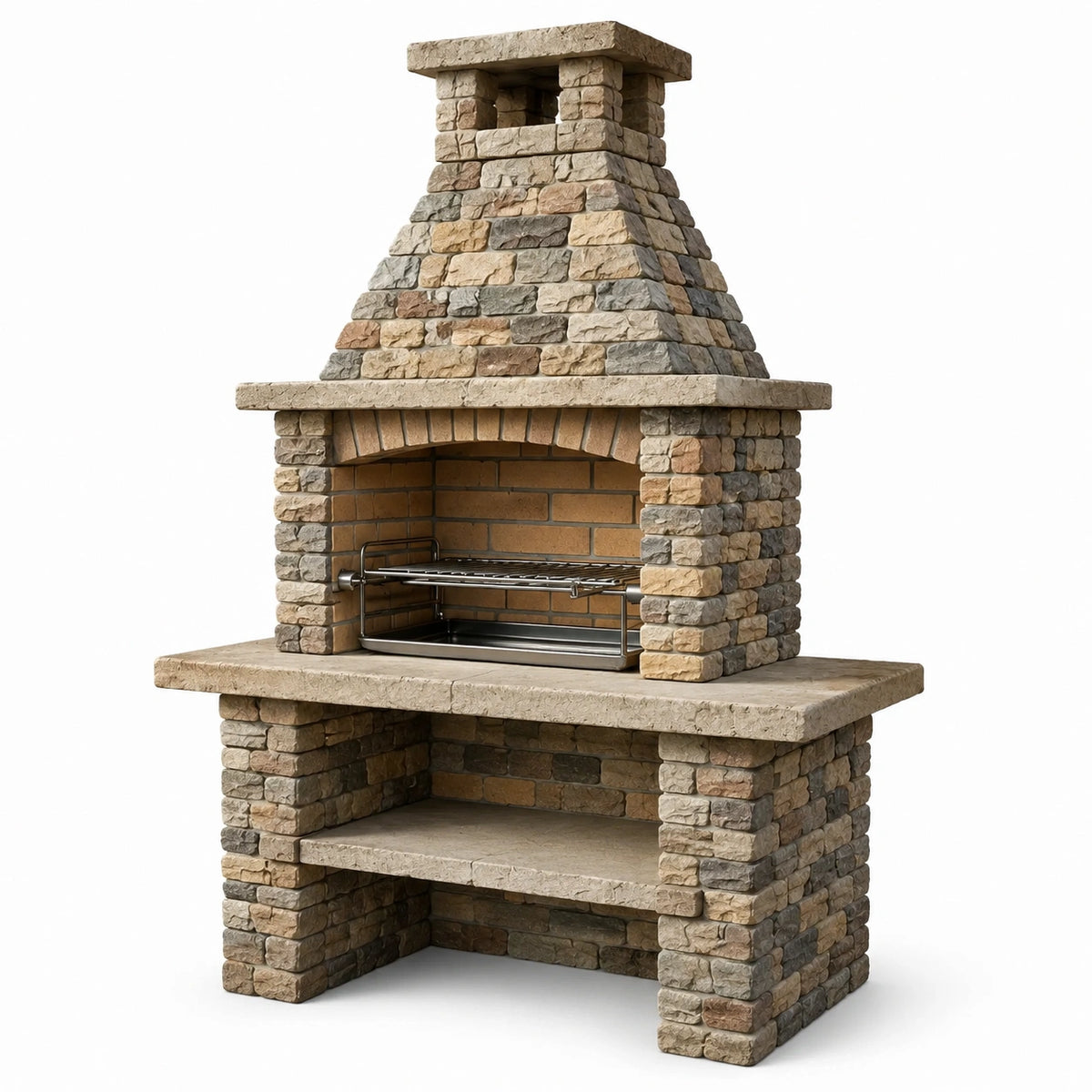 Barbecue da giardino in pietra ricostruita beige, grigia e marrone, 160 × 70 × 230 cm, con camino e griglia regolabile