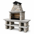 Barbecue da giardino effetto pietra grigio e beige con griglia nera e dettagli marroni, 200 × 80 × 230 cm