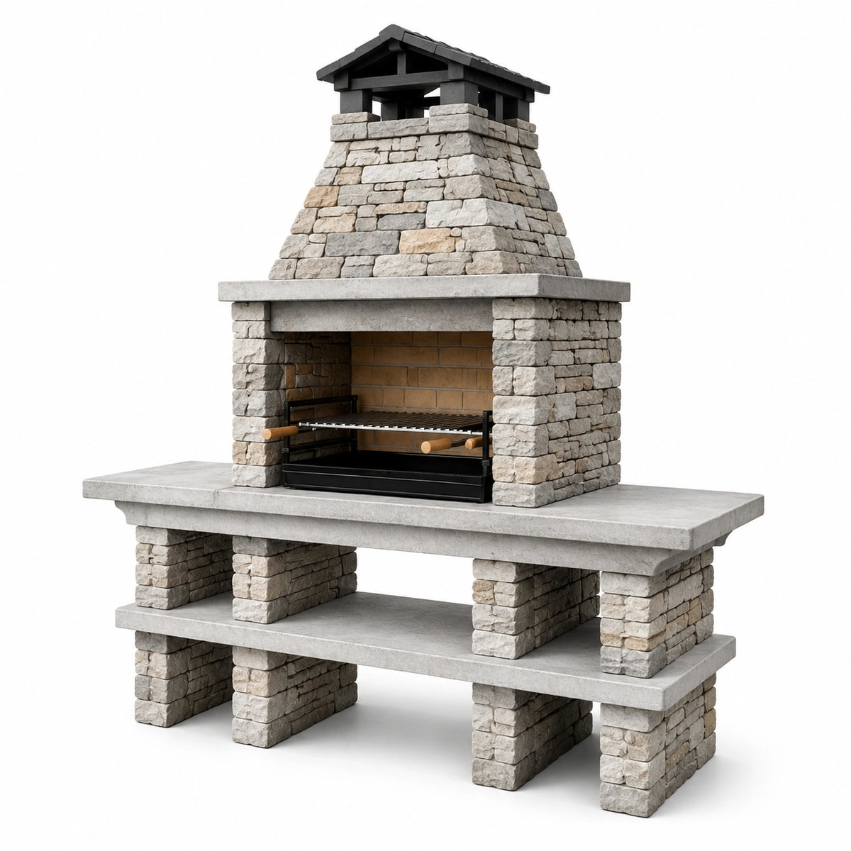 Barbecue da giardino effetto pietra grigio e beige con griglia nera e dettagli marroni, 200 × 80 × 230 cm