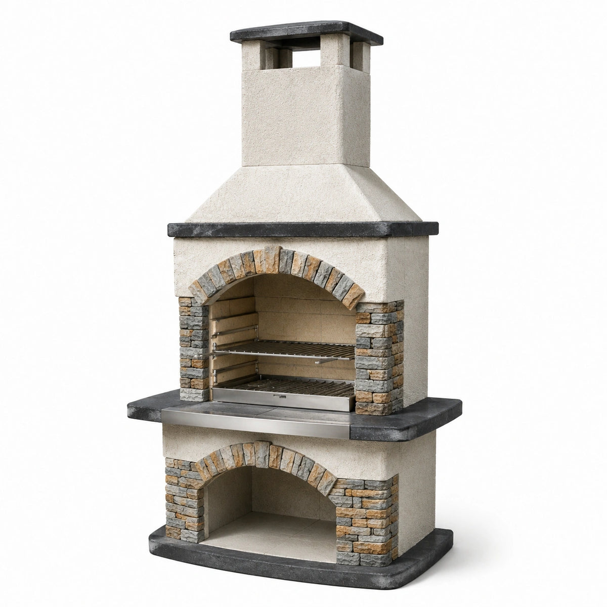 Barbecue da giardino in muratura beige, grigio, antracite e marrone, 120 × 70 × 230 cm, con camino e doppia griglia