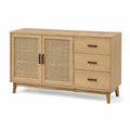 Credenza effetto rovere naturale e rattan con 2 ante e 3 cassetti, 140 × 40 × 80 cm