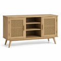 Credenza in legno naturale e rattan con 2 ante e 3 vani, 140 × 40 × 80 cm, stile retrò