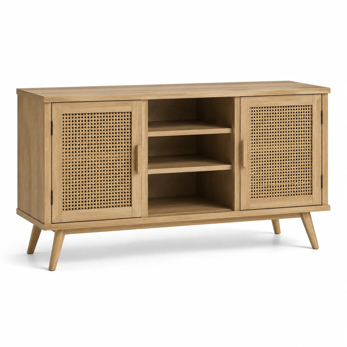 Credenza in legno naturale e rattan con 2 ante e 3 vani, 140 × 40 × 80 cm, stile retrò