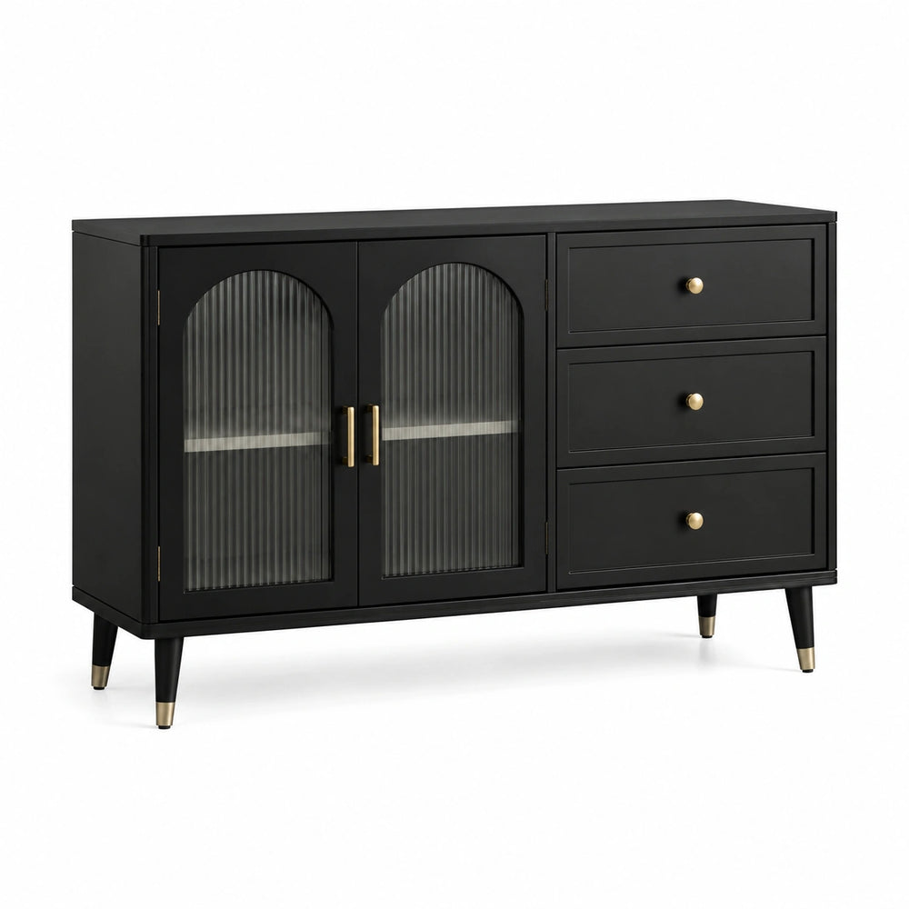 Credenza moderna nera 120 × 40 × 80 cm con dettagli dorati, 2 ante in vetro scanalato e 3 cassetti