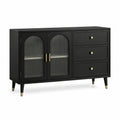 Credenza moderna nera 120 × 40 × 80 cm con dettagli dorati, 2 ante in vetro scanalato e 3 cassetti