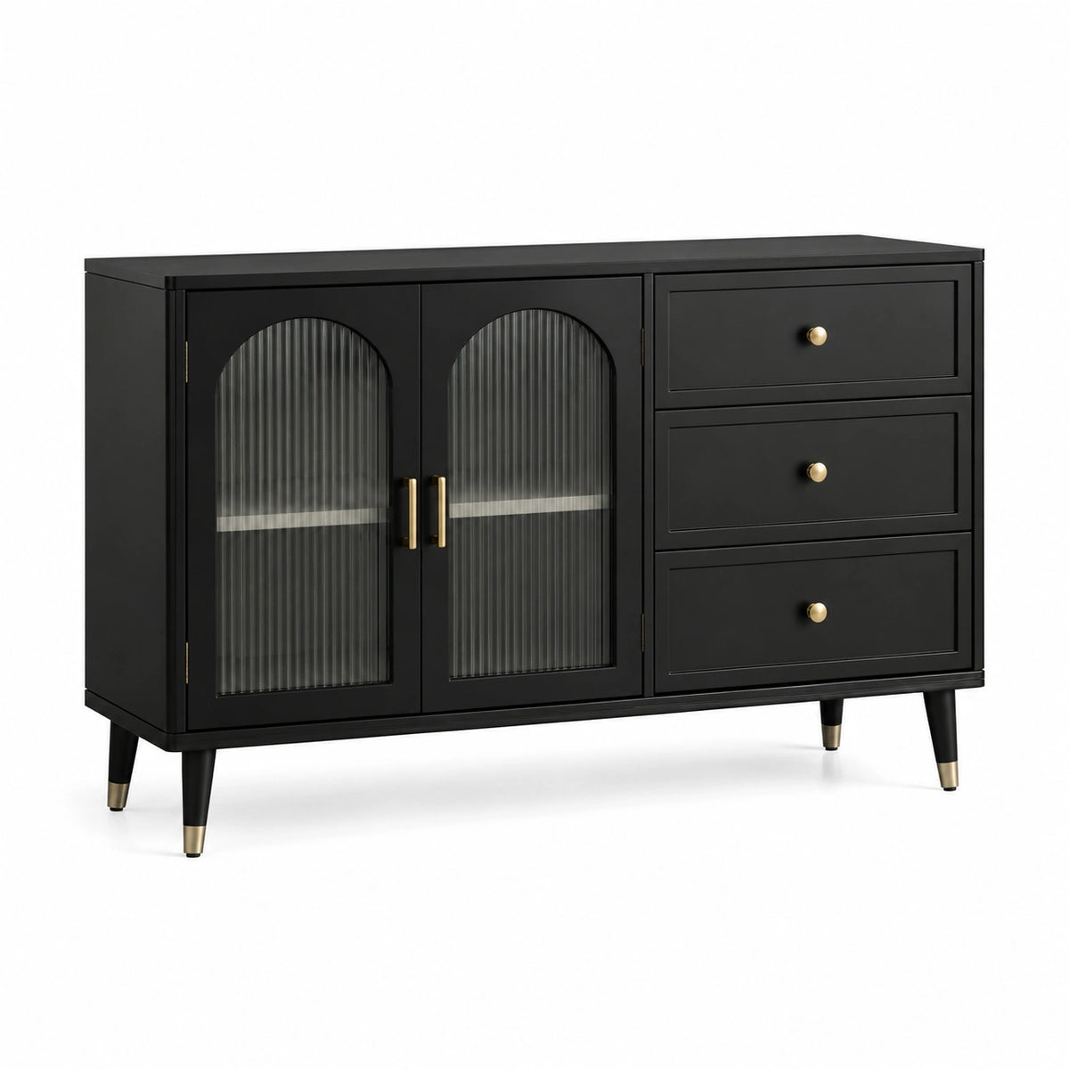 Credenza moderna nera 120 × 40 × 80 cm con dettagli dorati, 2 ante in vetro scanalato e 3 cassetti