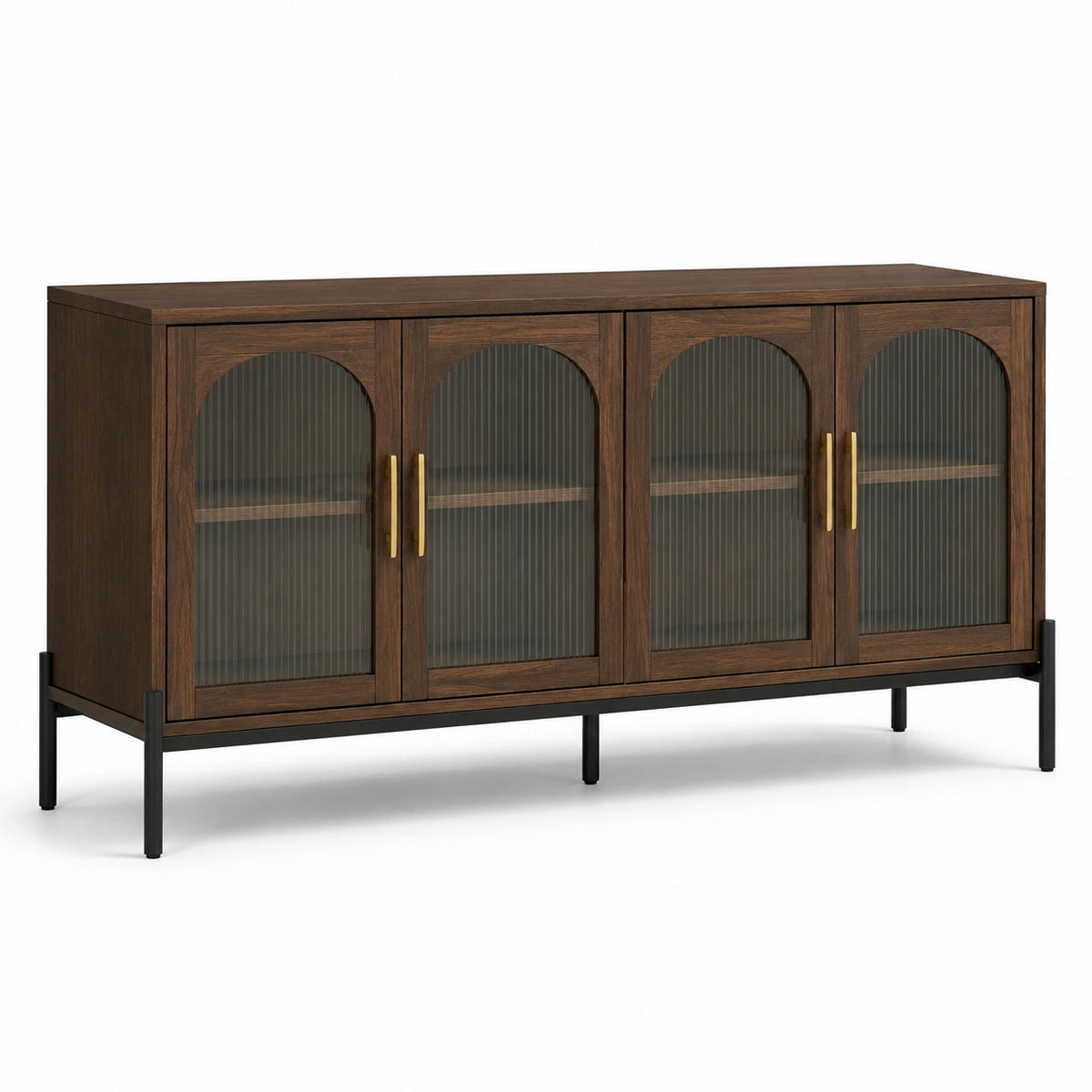 Credenza a 4 ante 160 × 40 × 80 cm, marrone scuro con vetro scanalato fumé e struttura nera