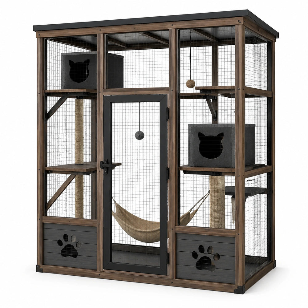 Recinto da esterno multilivello per gatti in legno marrone e rete metallica nera, 155 × 95 × 185 cm