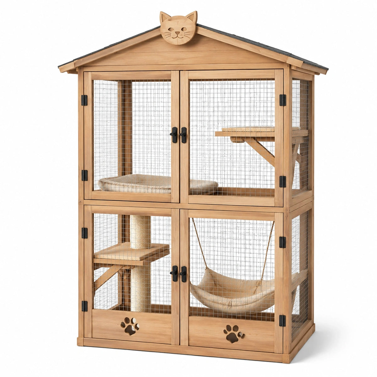 Recinto multilivello per gatti in legno e rete metallica, marrone, nero e beige, 92 × 60 × 135 cm