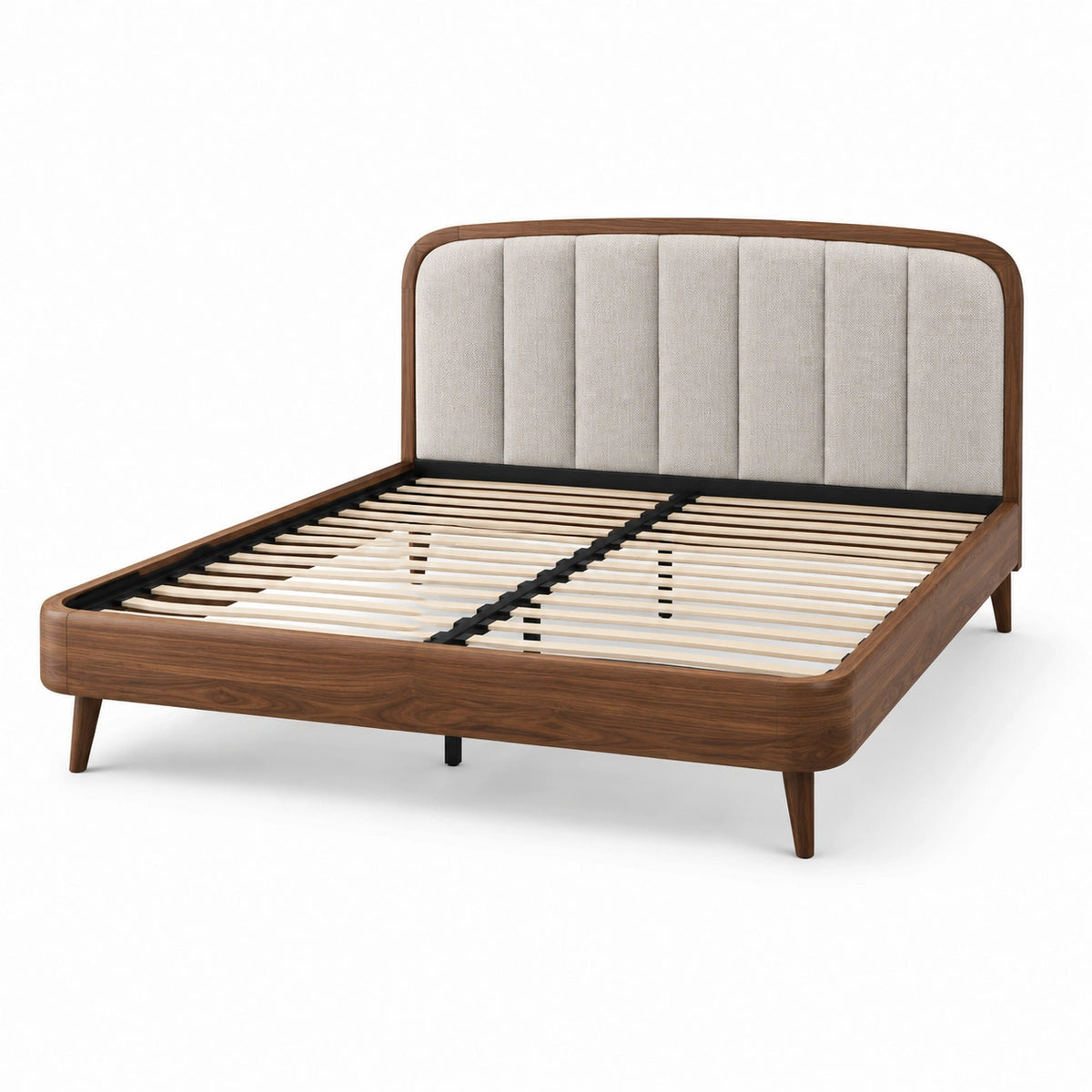 Letto matrimoniale 160 × 200 cm effetto noce con testiera imbottita beige