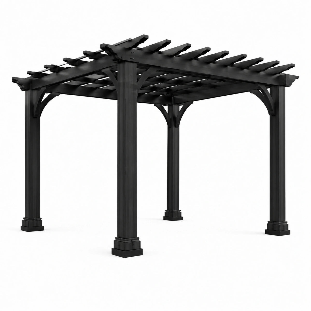 Pergola autoportante in legno nero 305 × 305 × 244 cm con tetto aperto e dettagli classici