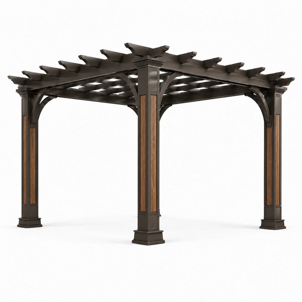 Pergola da giardino autoportante in metallo 305 × 305 × 254 cm, marrone scuro con inserti effetto legno