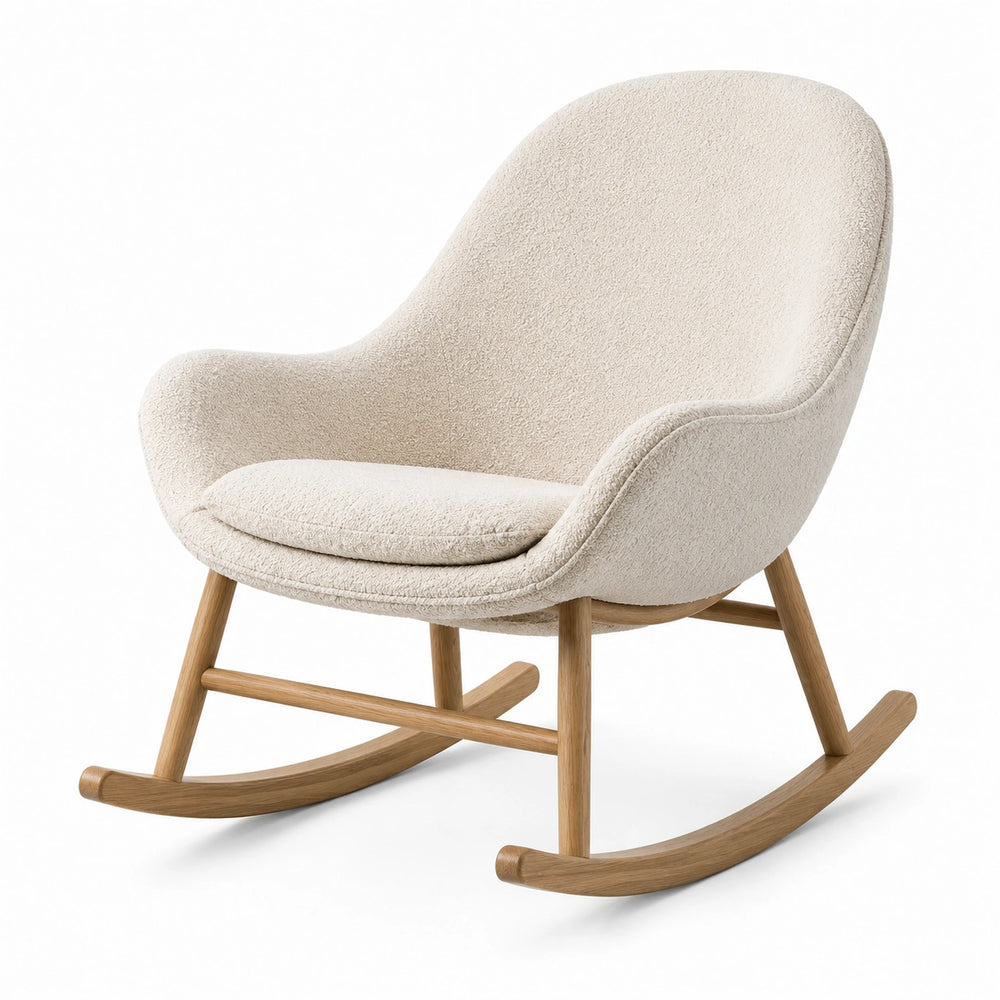 Poltrona a dondolo moderna in bouclé crema e legno chiaro, 76 × 95 × 91 cm