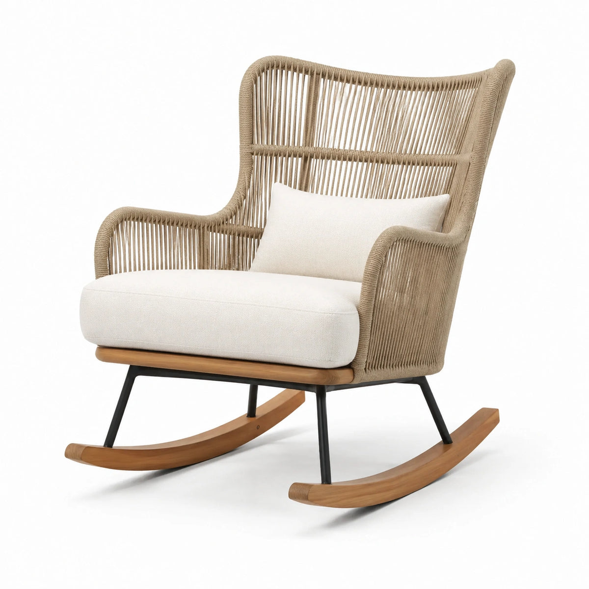 Poltrona a dondolo in corda beige e legno, 85 × 95 × 108 cm, stile contemporaneo