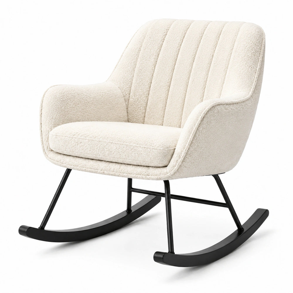 Poltrona a dondolo moderna in bouclé crema con base in metallo nero, 72 × 90 × 88 cm