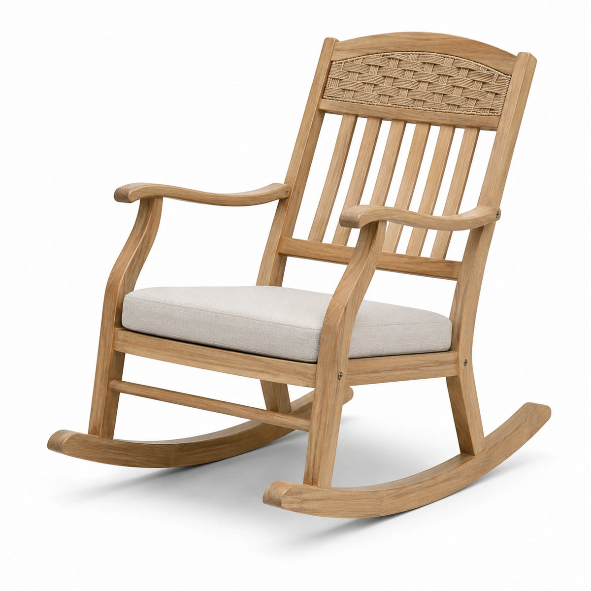 Poltrona a dondolo in legno marrone naturale con cuscino beige, 68 × 90 × 103 cm, stile rustico