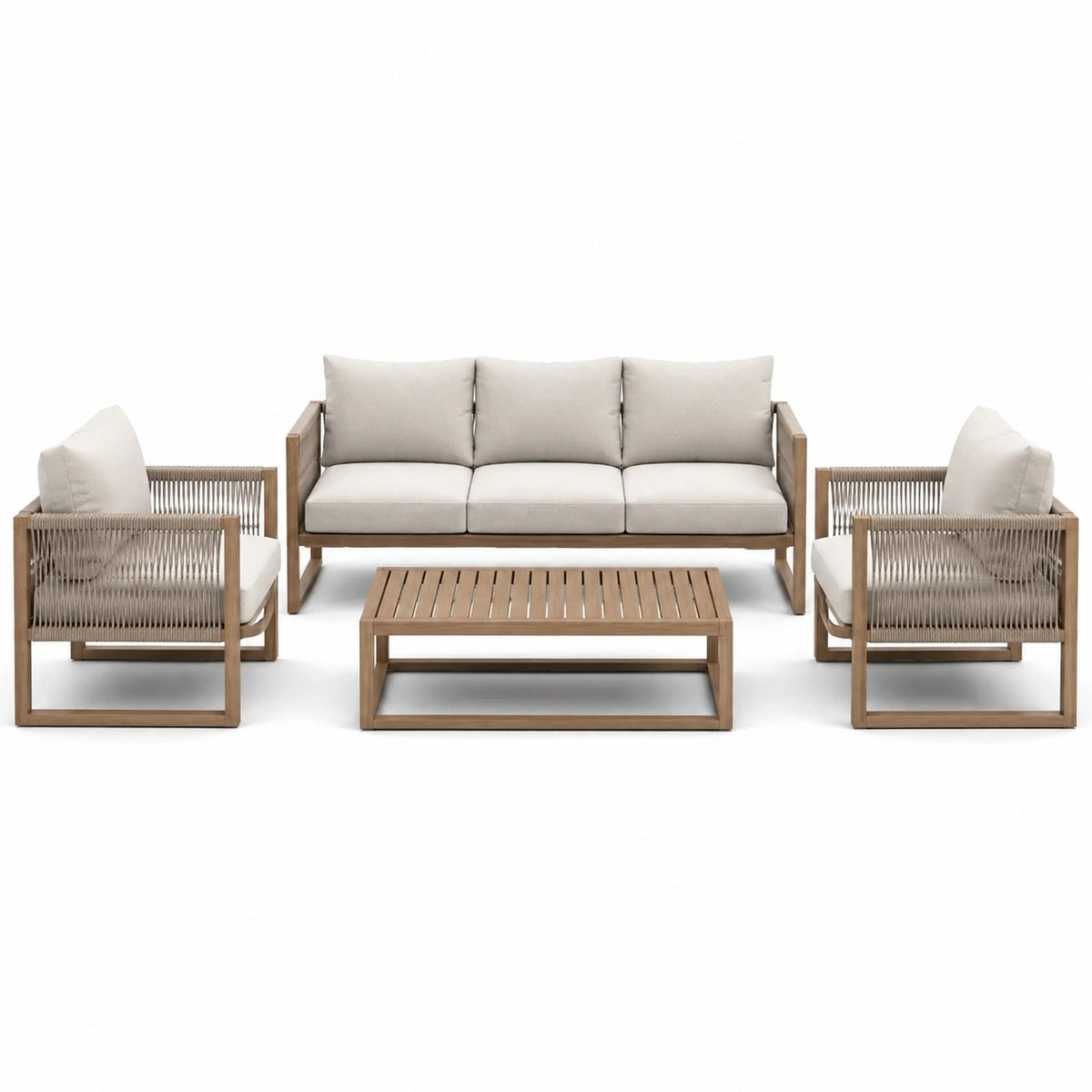 Set da giardino 4 pezzi in legno e corda, beige e marrone, divano 200 × 82 × 78 cm, 2 poltrone 80 × 82 × 78 cm e tavolino 110 × 60 × 38 cm