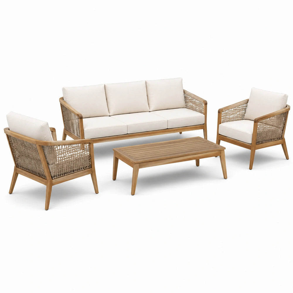 Completo da giardino marrone e beige con divano 191 × 77 × 80 cm, 2 poltrone 75 × 77 × 80 cm e tavolino 110 × 60 × 40 cm
