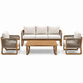 Set da giardino 4 pezzi in legno marrone e corda beige con cuscini bianco crema, divano 190 × 78 × 80 cm, poltrone 72 × 78 × 80 cm e tavolino 120 × 65 × 40 cm