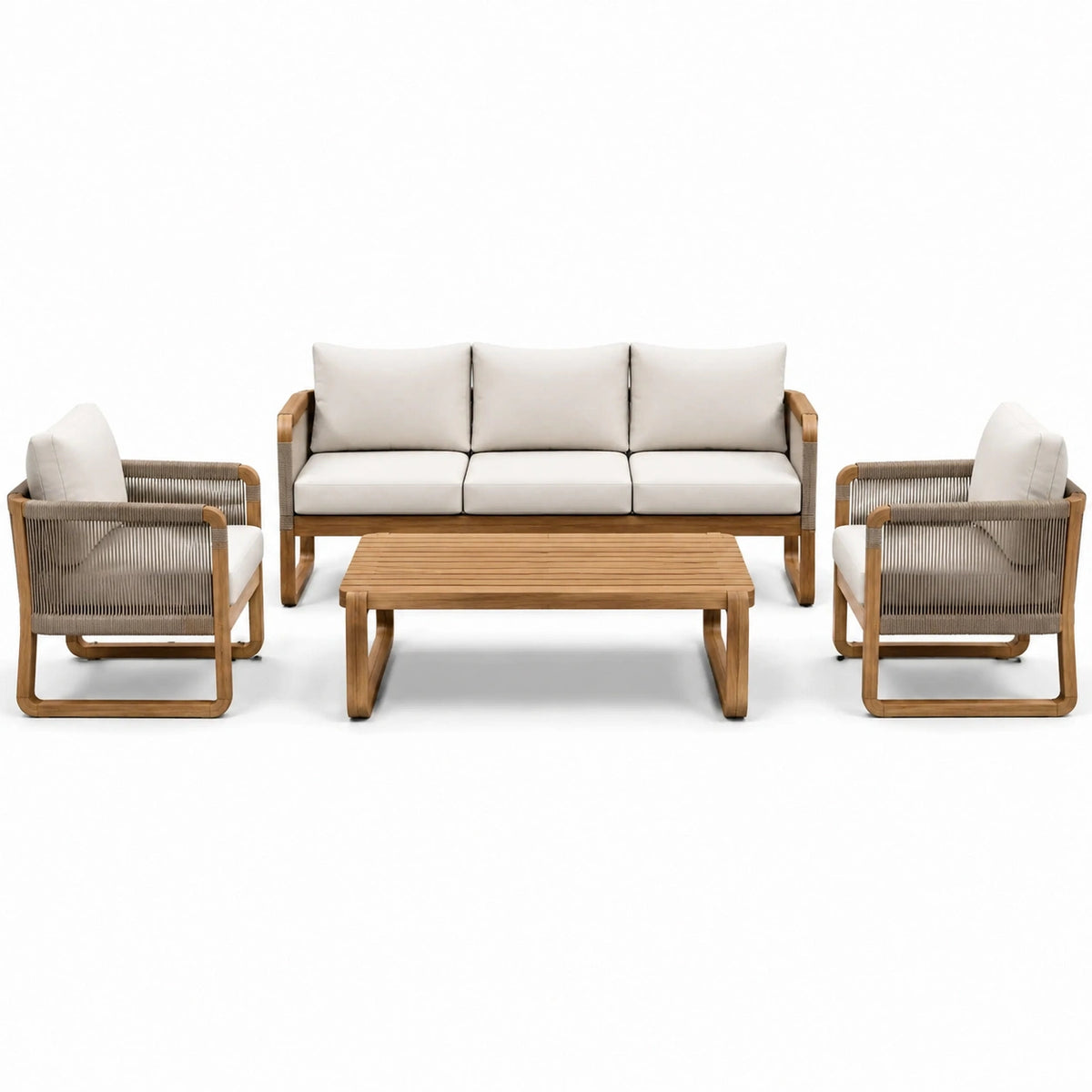 Set da giardino 4 pezzi in legno marrone e corda beige con cuscini bianco crema, divano 190 × 78 × 80 cm, poltrone 72 × 78 × 80 cm e tavolino 120 × 65 × 40 cm