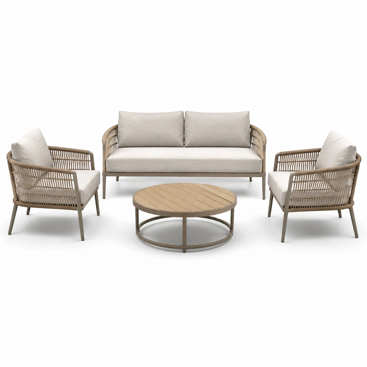 Set da giardino beige e tortora con divano 145 × 75 × 76 cm, 2 poltrone 76 × 75 × 76 cm e tavolino Ø 80 × 38 cm