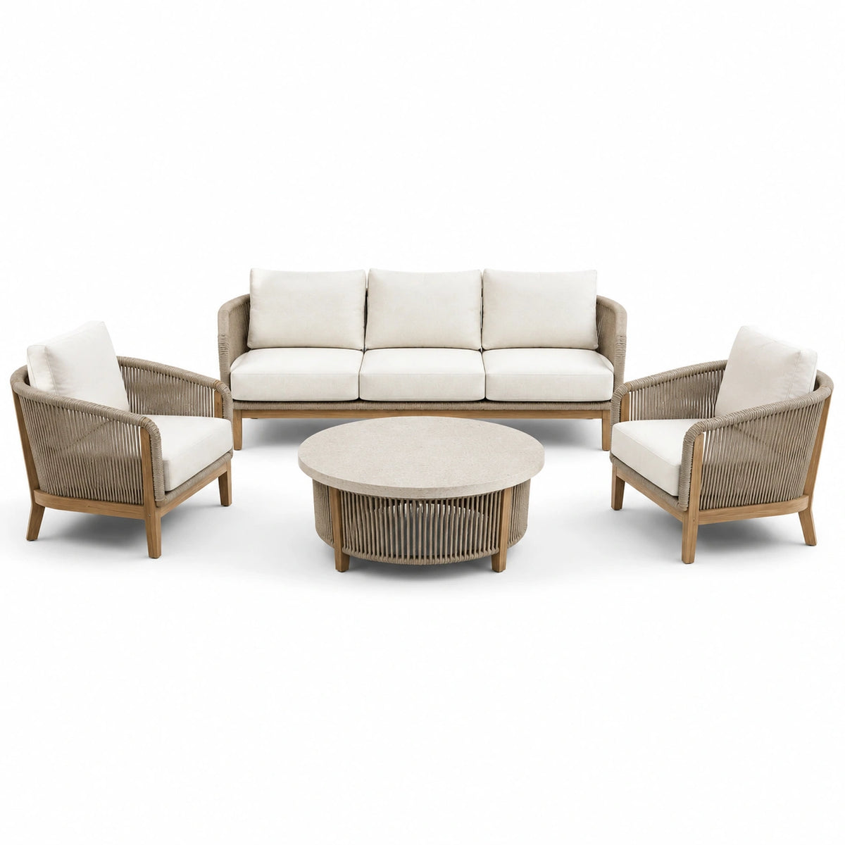 Set da esterno 4 pezzi beige, crema e marrone con divano 200 × 80 × 78 cm, 2 poltrone 78 × 80 × 78 cm e tavolino Ø 90 × 42 cm