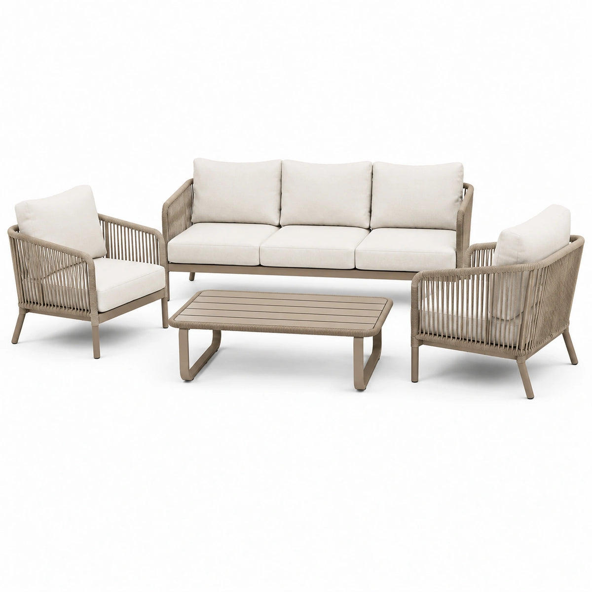 Set da giardino moderno beige e crema, 4 pezzi con divano 195 × 78 × 76 cm, 2 poltrone 75 × 78 × 76 cm e tavolino 110 × 60 × 38 cm