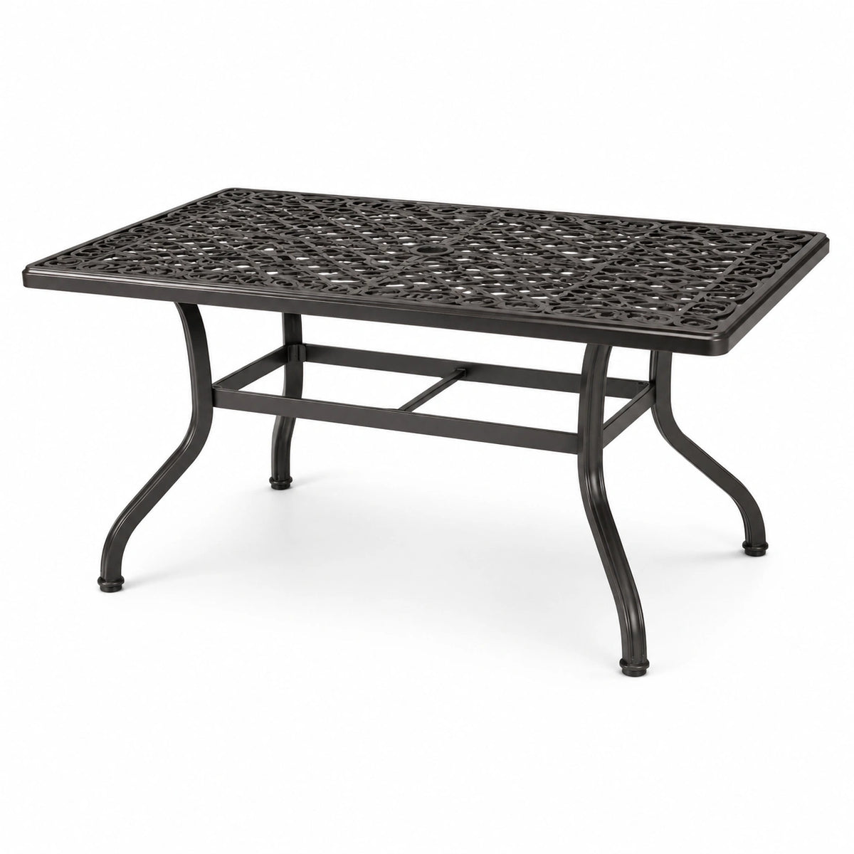 Tavolo rettangolare in metallo nero con piano traforato ornamentale, 150 × 90 × 74 cm