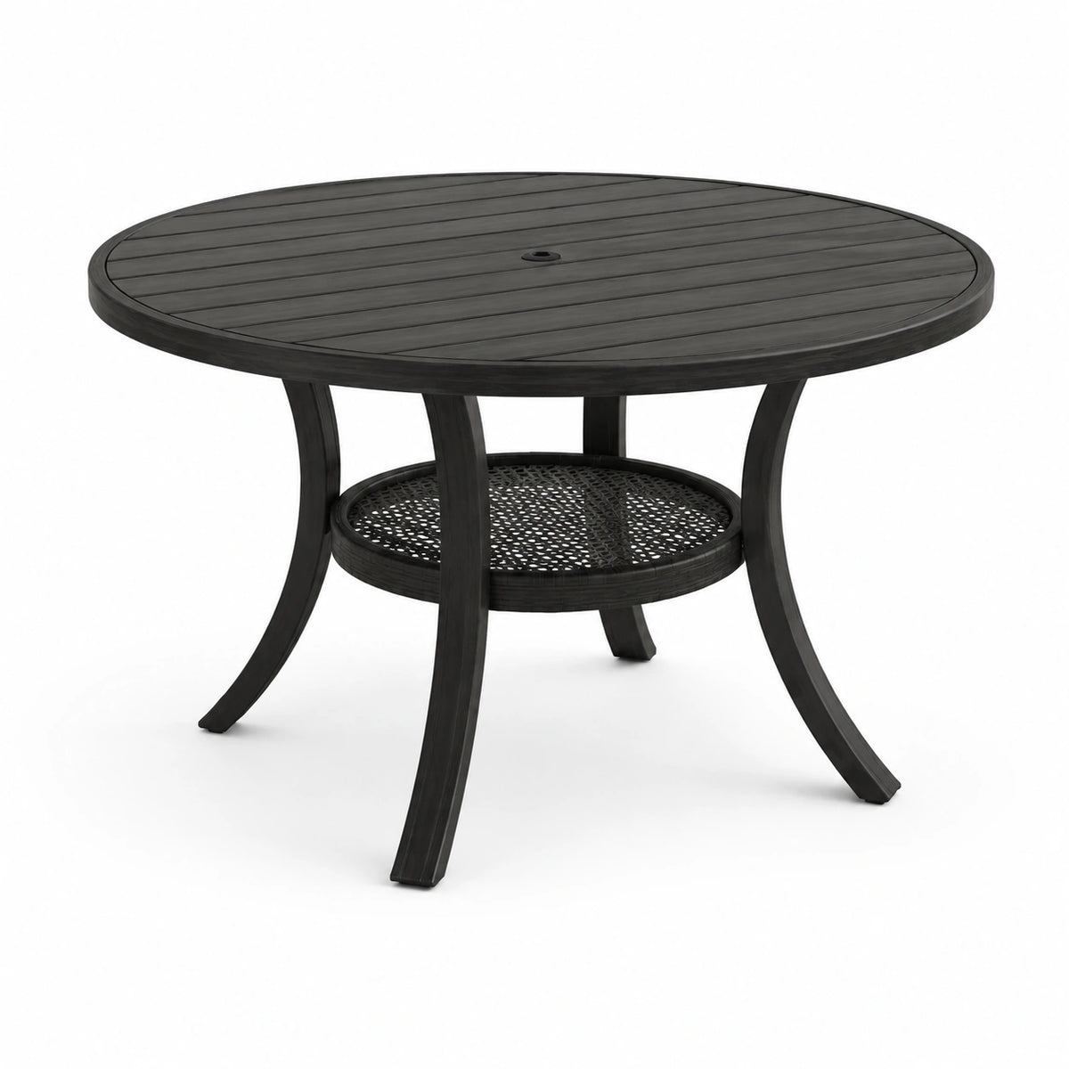 Tavolo rotondo da esterno in metallo nero Ø 106 × 71 cm con foro per ombrellone e ripiano